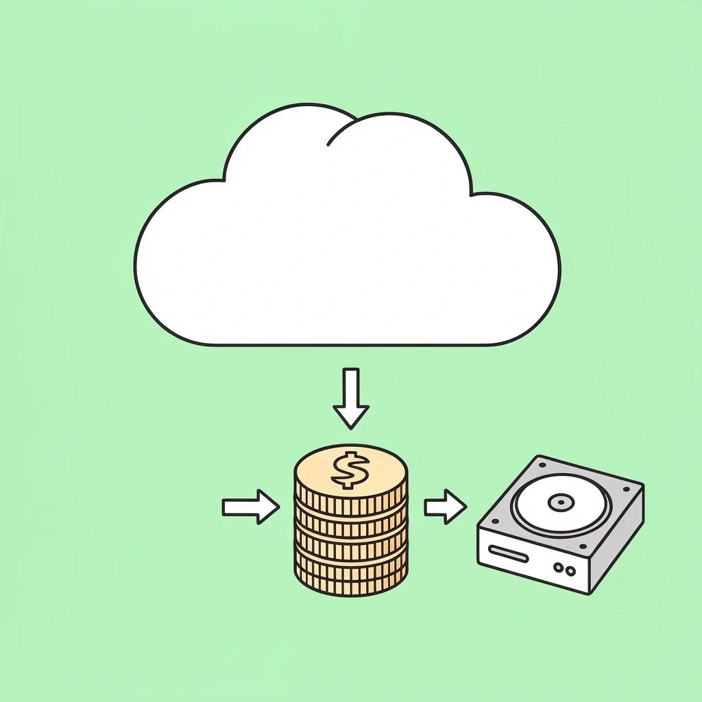 Cloud icon linked to coins and hard drive representing photo archiving expenses
