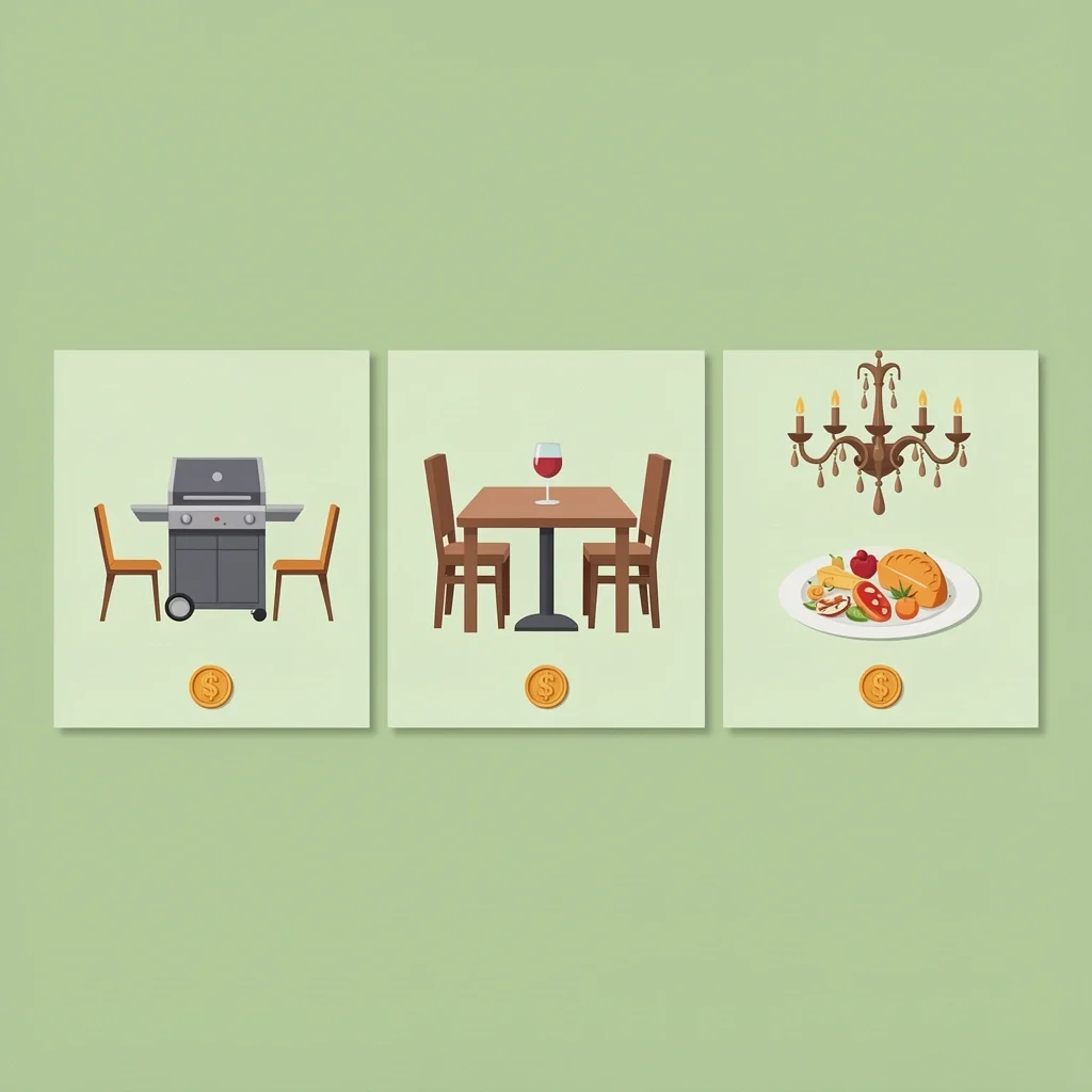Rehearsal Dinner Budget Examples Three panels showing backyard BBQ, restaurant, and hotel ballroom scenes with coin icons representing different rehearsal dinner budget examples.