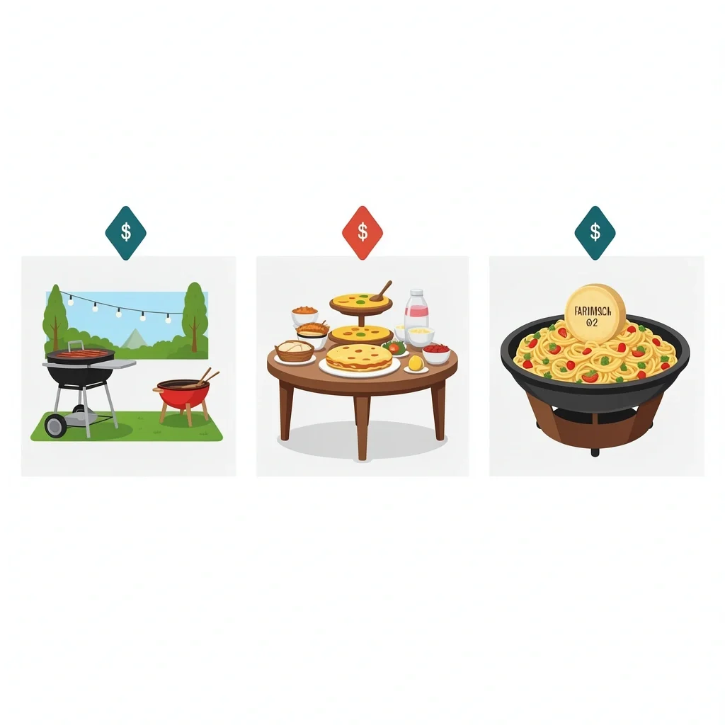 Wedding Budget Case Studies Three wedding case studies showing backyard BBQ, brunch with omelet station, and pasta station with Parmesan wheel.