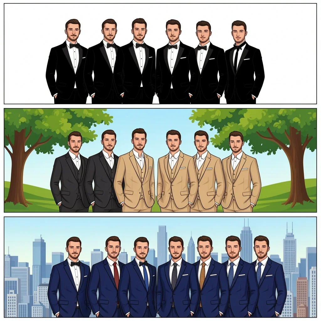 Three wedding party examples: classic black tie, rustic outdoor, and modern city, showing groom and groomsmen tuxedo combinations