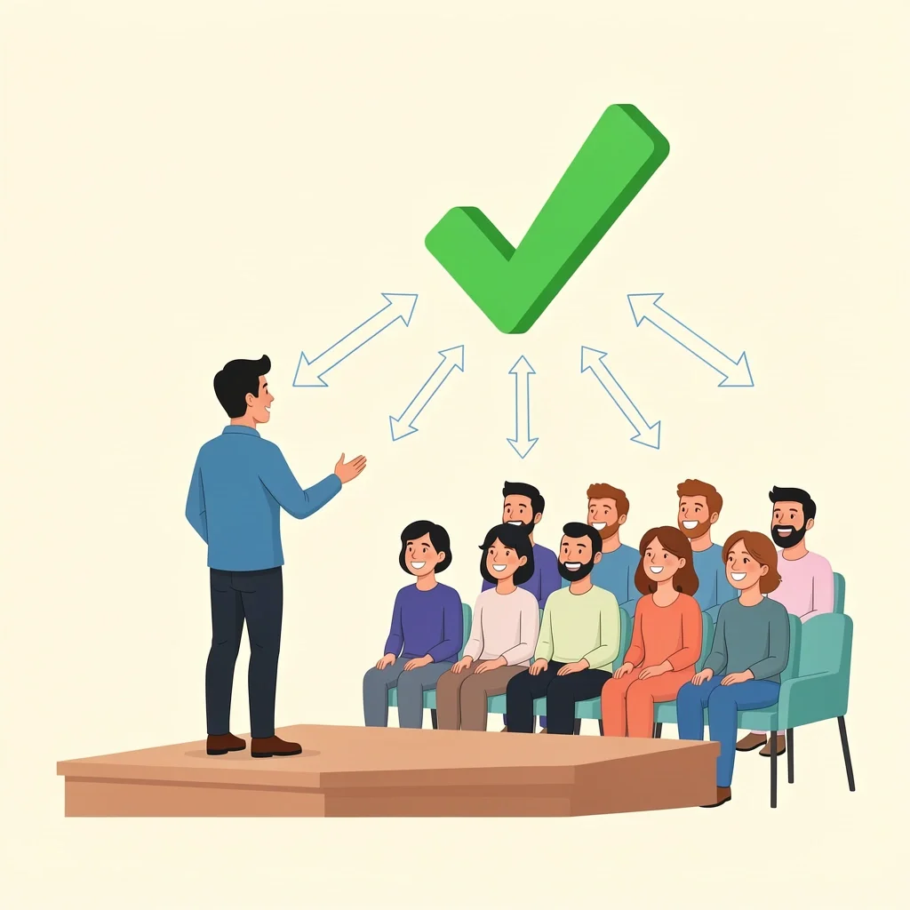 Audience Support Checkmark Speaker on stage with checkmark icon above smiling audience showing approval and support