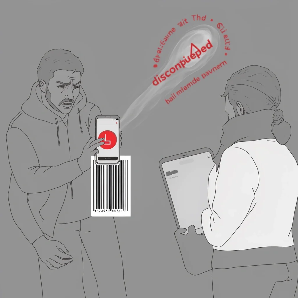 Common Registry Frustrations Frustrated user with smartphone scanning issues and discontinued item warning