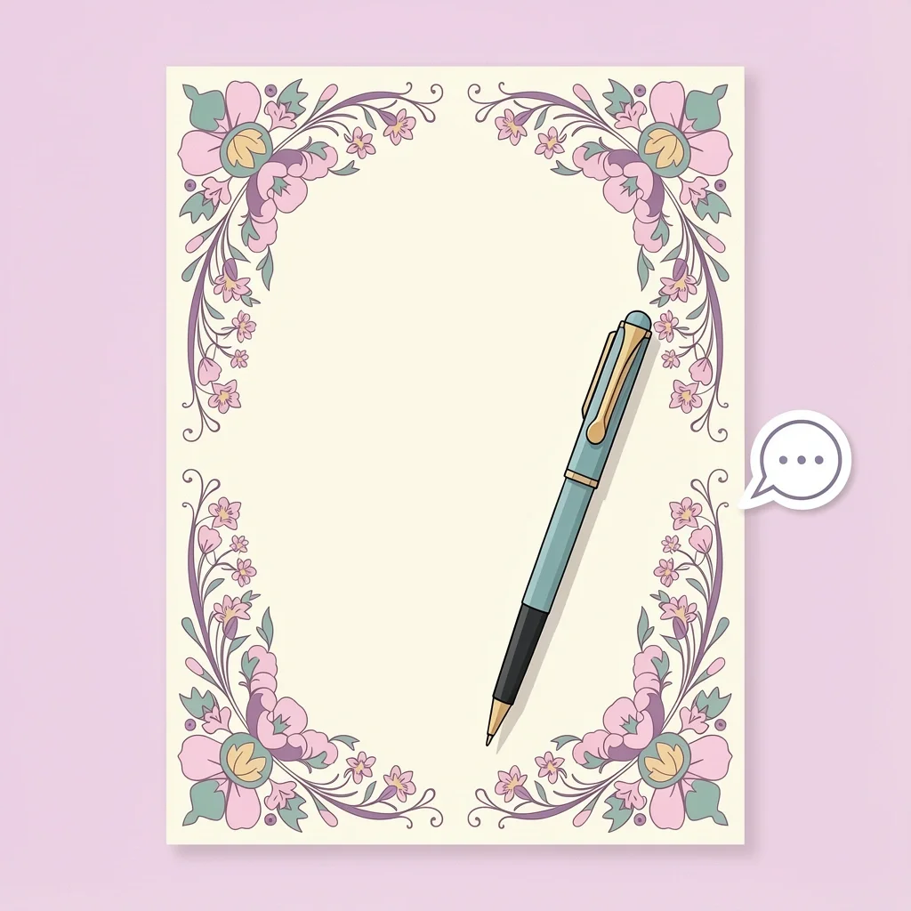 Rehearsal Dinner Wording Options Elegant invitation card with floral border and pen, next to speech bubble icon