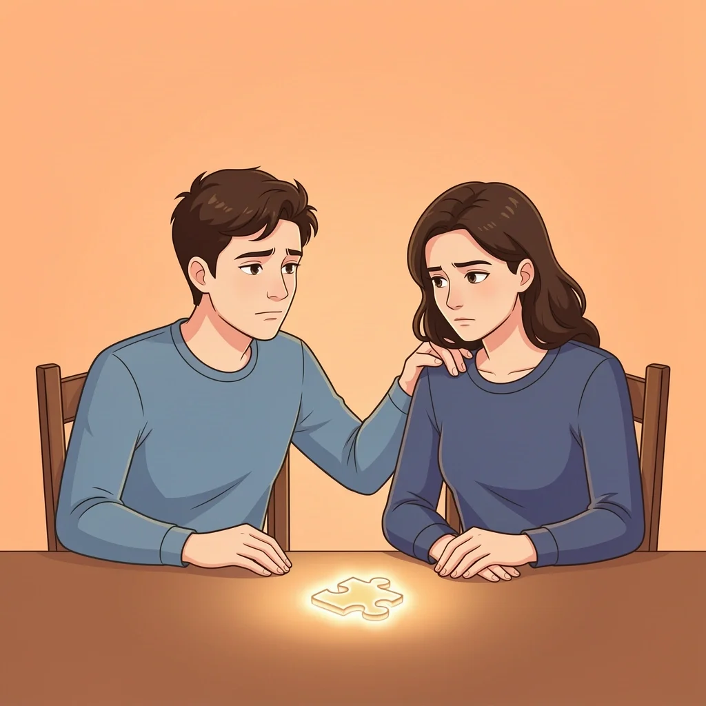 Talking to a Reluctant Partner About Counseling One partner gently talking to a reluctant partner about marriage counseling, with a glowing puzzle piece on the table showing connection