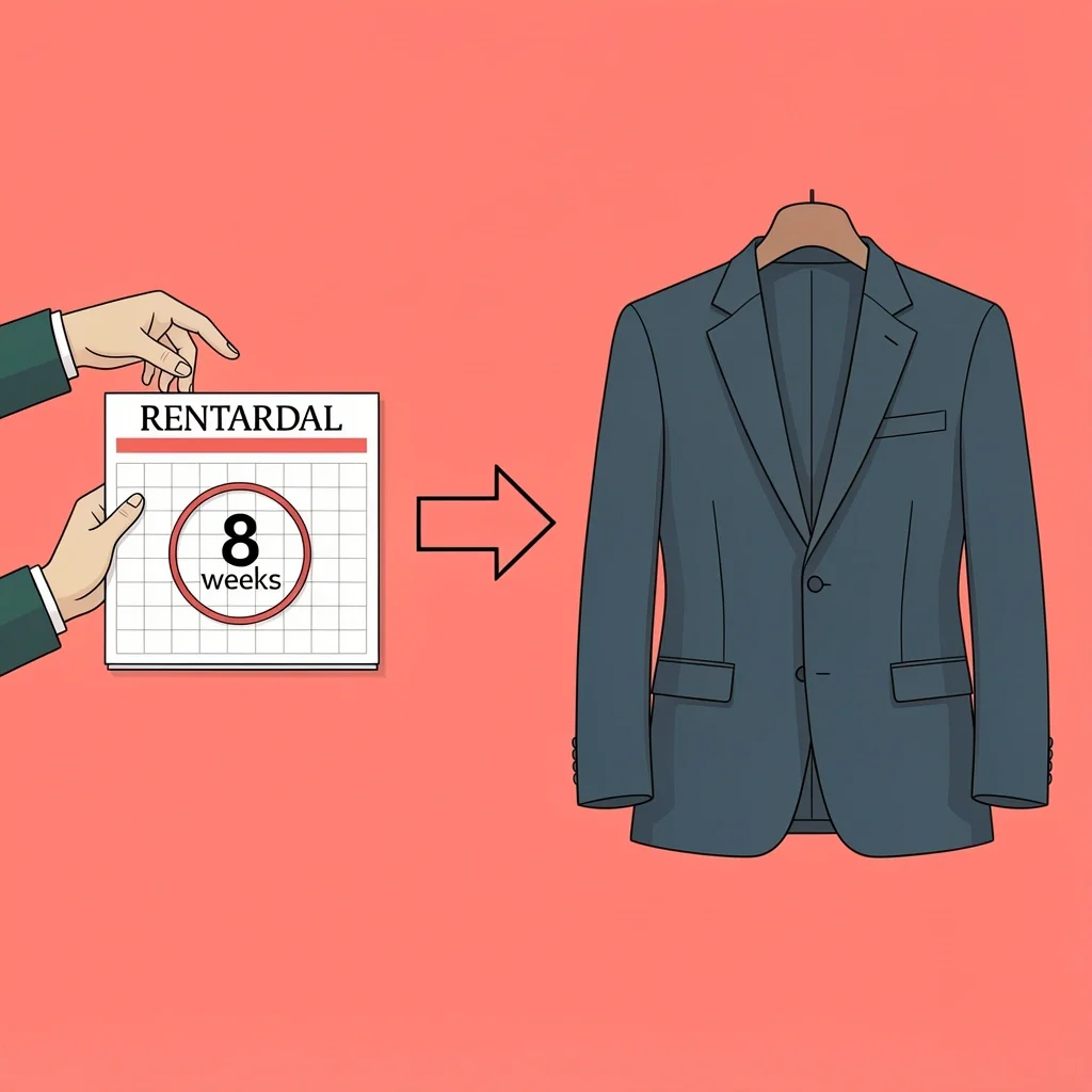 Rent or Buy Tuxedo Decision Illustration showing a hand with a rental calendar and a hand holding a tailored jacket, representing the rent vs buy decision.