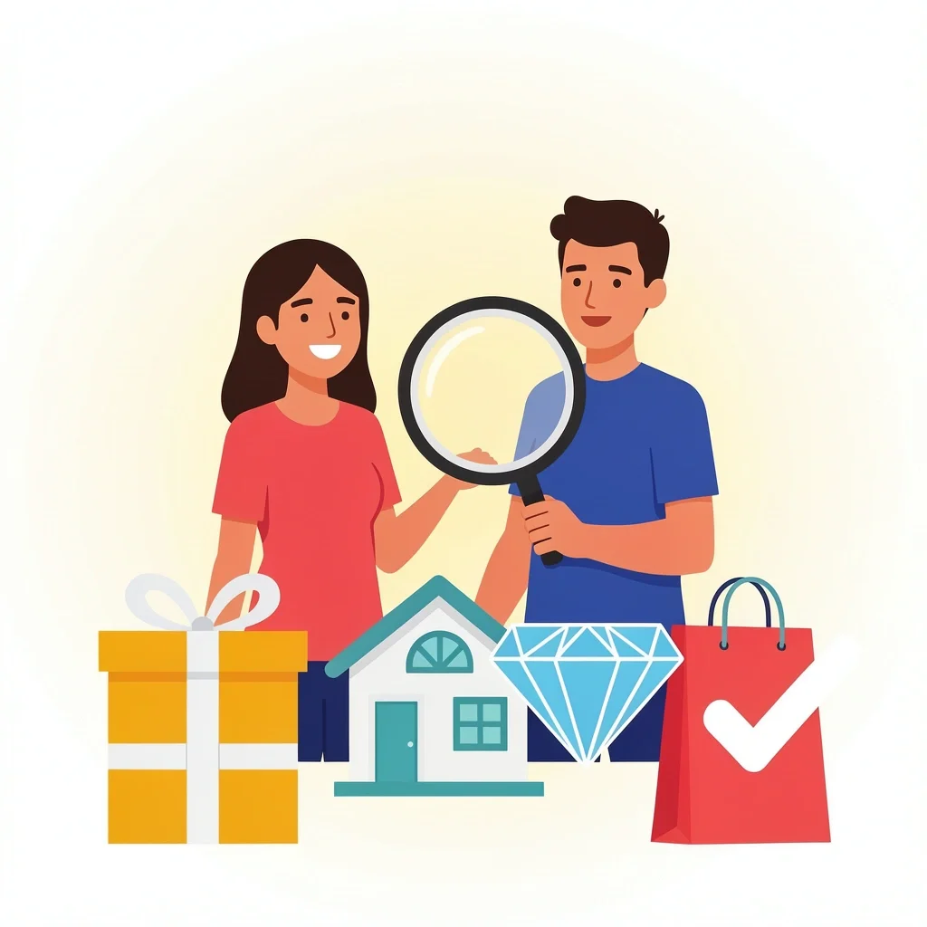 Wedding Registry Store Reviews Illustration of a couple reviewing different wedding registry stores with a magnifying glass