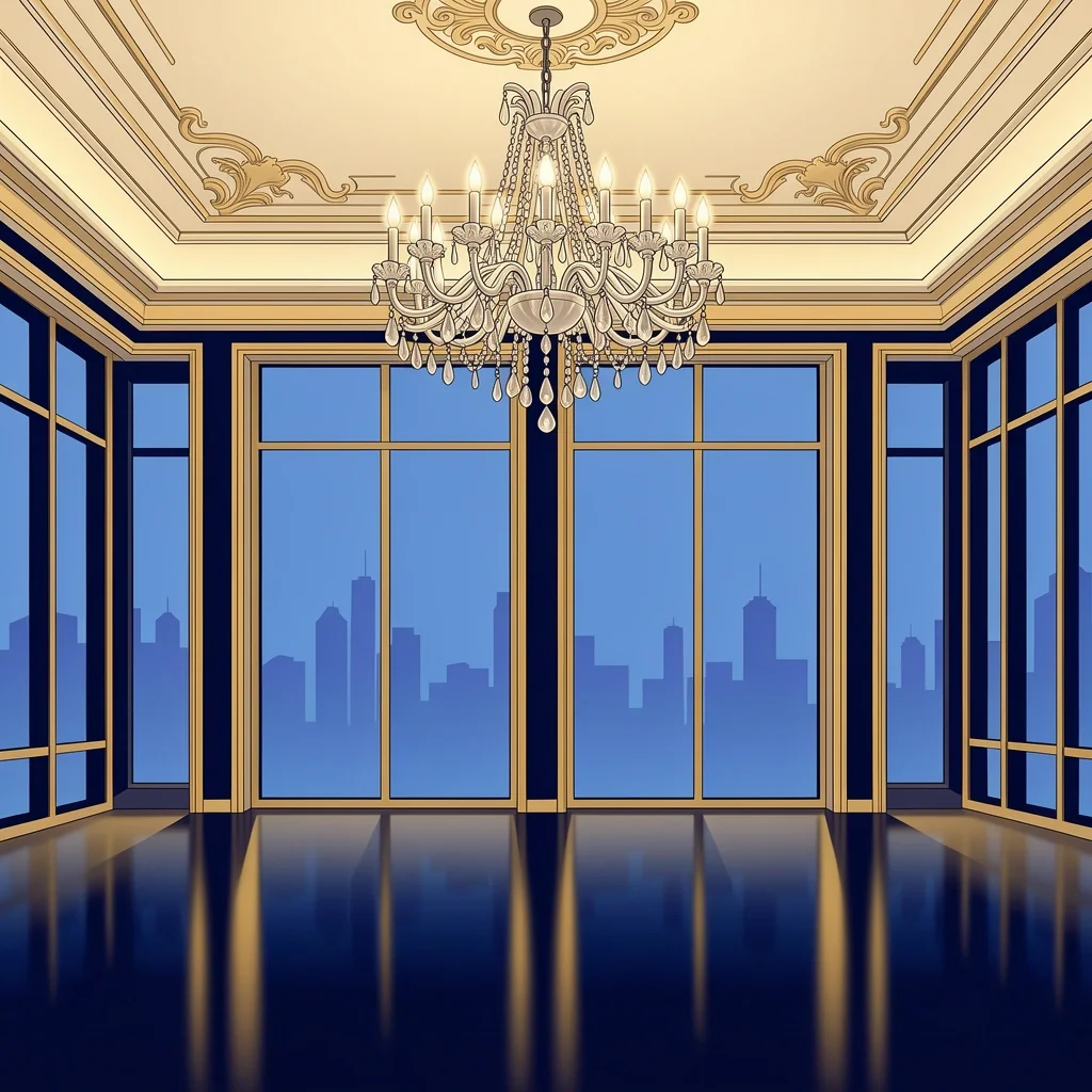 Ritz-Carlton Ballroom Luxury Illustration Elegant ballroom with crystal chandelier and city skyline view at The Ritz-Carlton Atlanta
