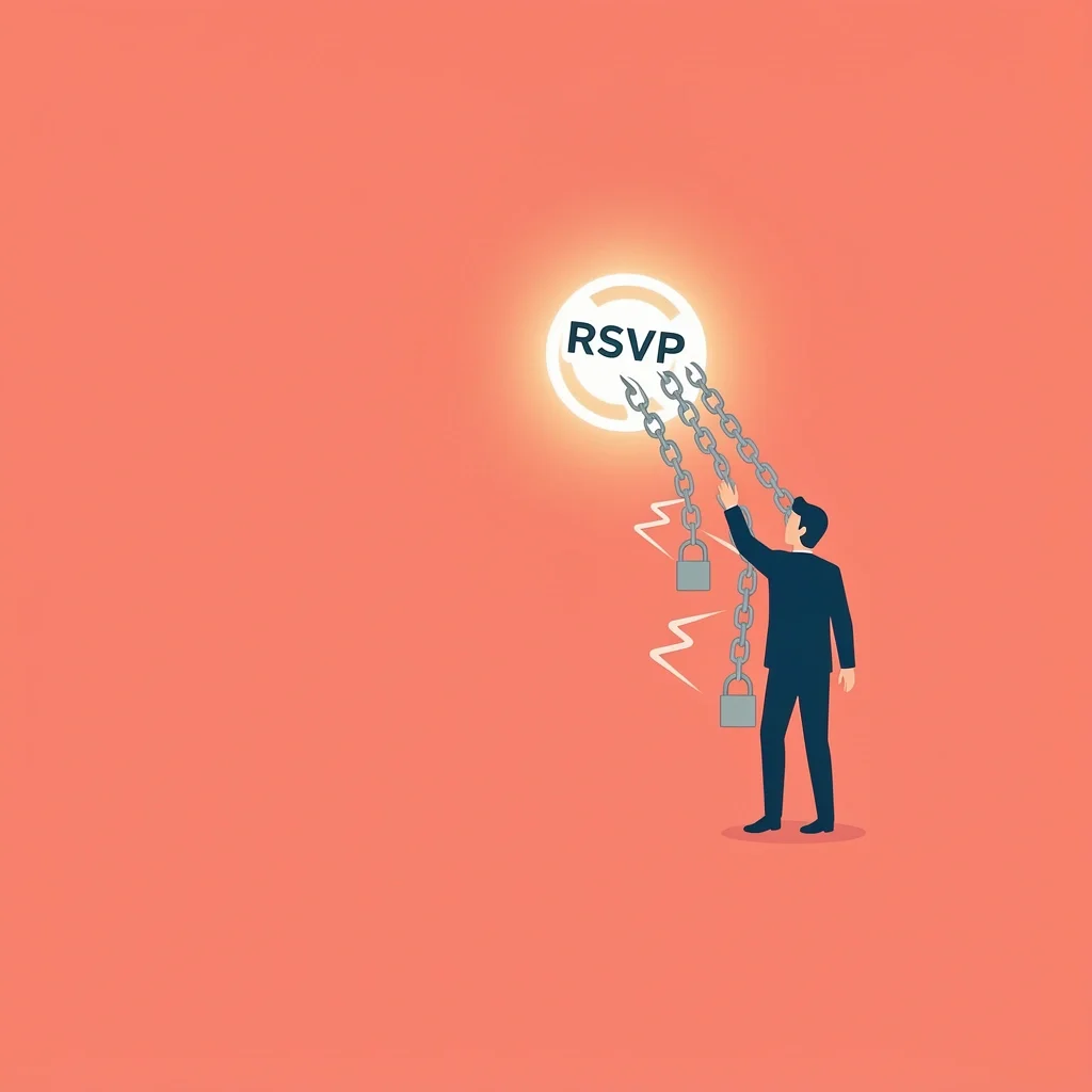 RSVP Friction Barriers Illustration Person reaching for RSVP button blocked by barriers symbolizing friction