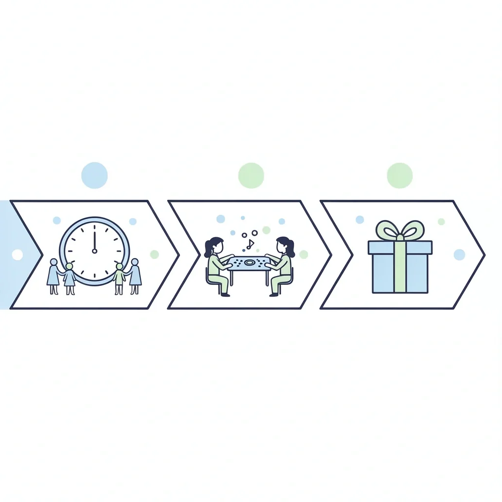 How to Run Bridal Shower Games Successfully Horizontal timeline with arrival clock, game play, and gift box illustrating how to sequence bridal shower games
