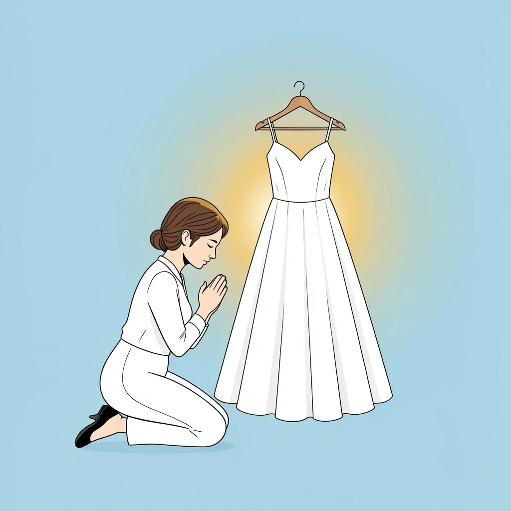 Sacred Maid of Honor Prayer Woman kneeling in prayer beside a wedding dress symbolizing sacred maid of honor role