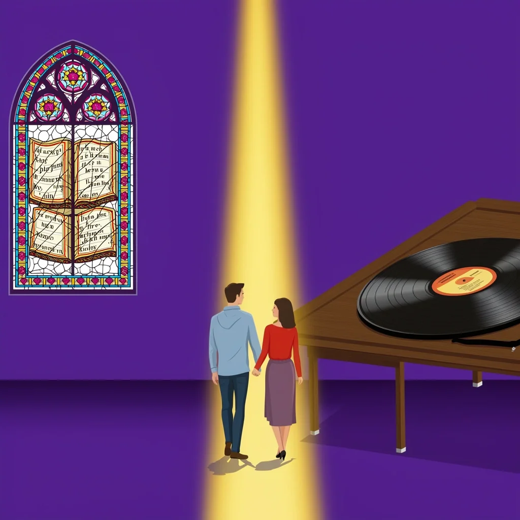 Sacred vs Secular Wedding Music A church interior with a stained glass window on one side and a dance floor with a record on the other, representing the tension between sacred and secular wedding music.