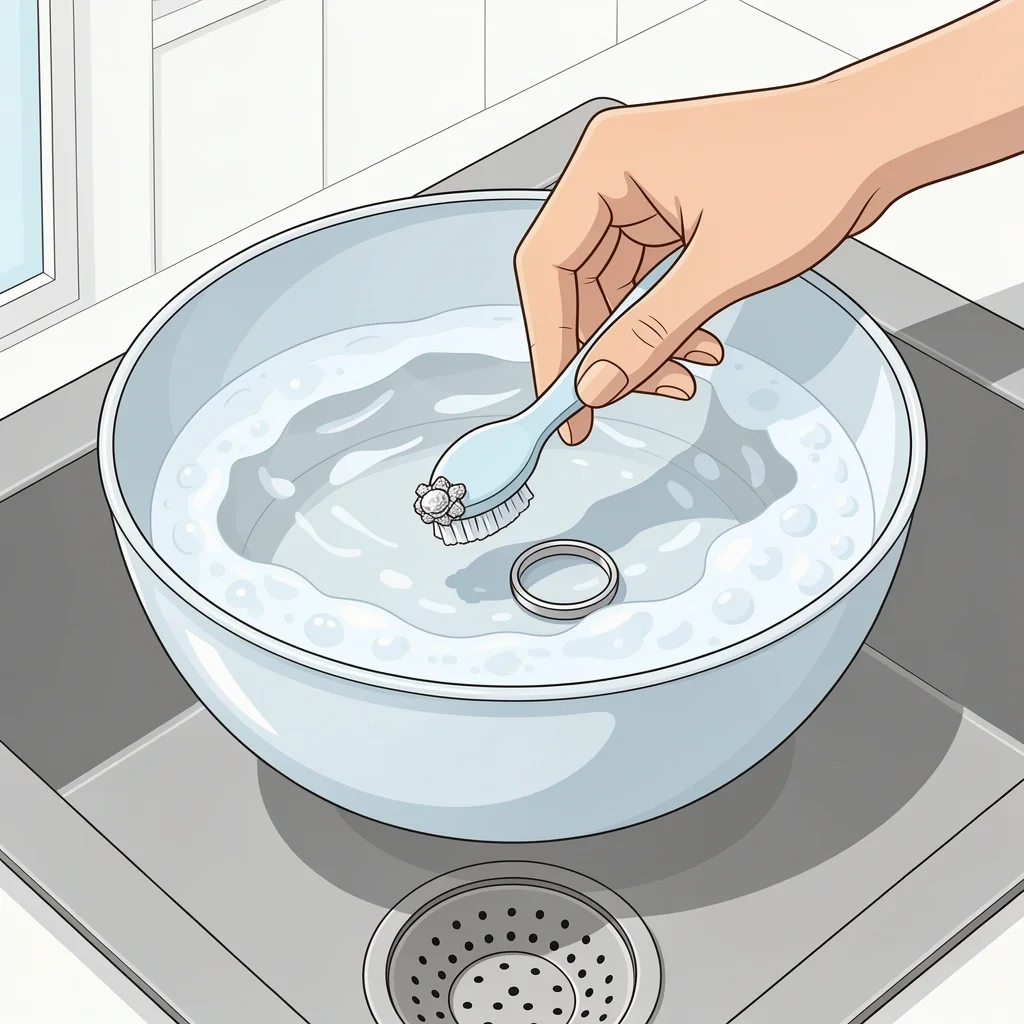 At Home Ring Cleaning Hand scrubbing wedding ring with soft toothbrush in soapy water over a sink strainer.