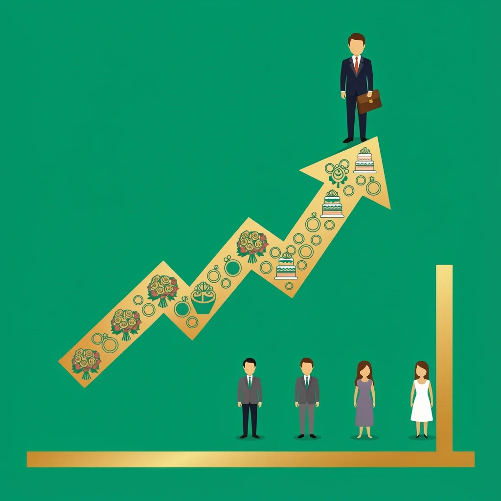 Scaling Your Wedding Planning Business After the First Event An upward graph made of wedding icons leading to a figure at the top with a portfolio, symbolizing scaling from first client to full-time planner.
