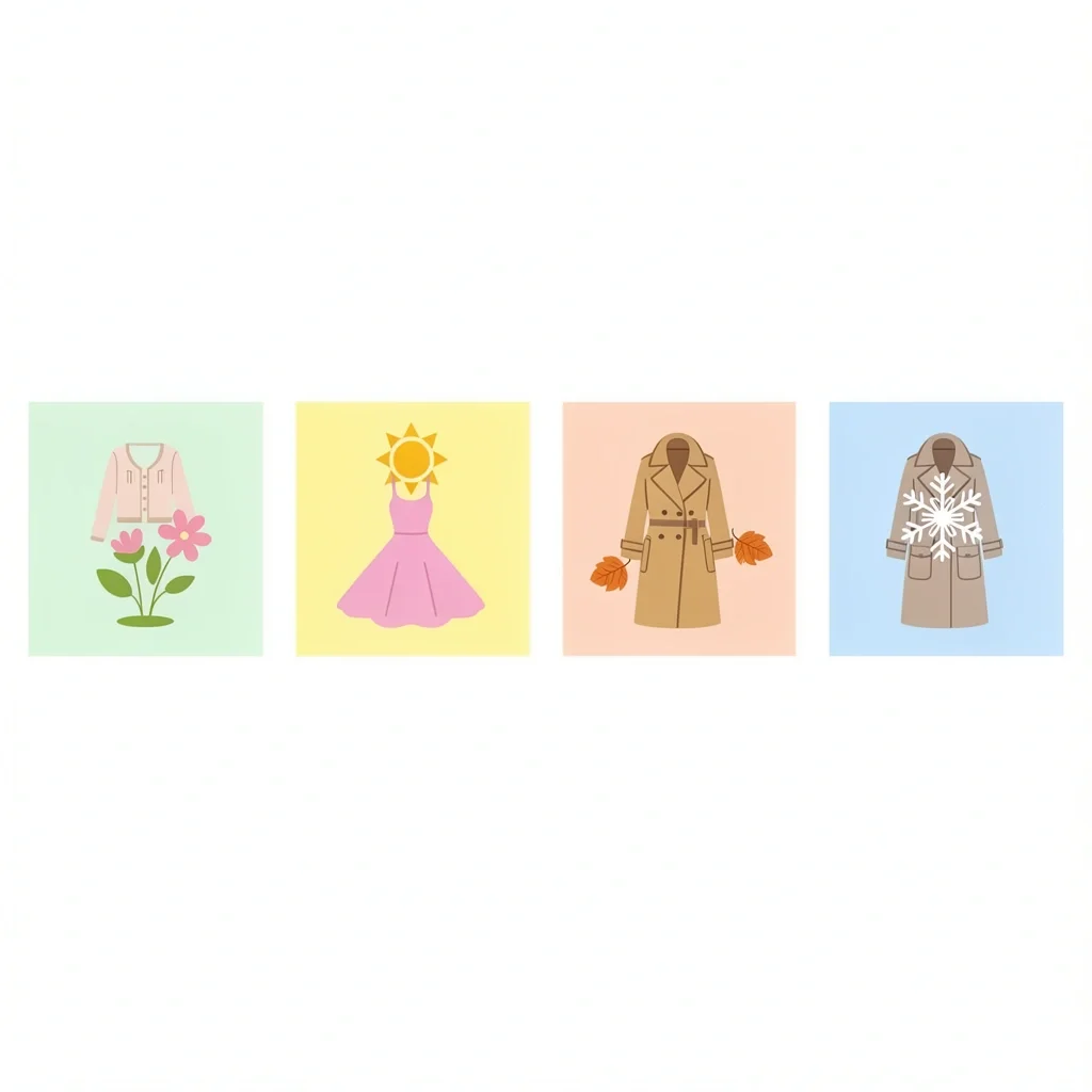 Seasonal Courthouse Wedding Attire Four seasonal icons with clothing items for spring, summer, fall, and winter courthouse wedding guest attire