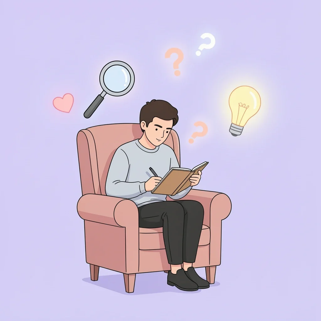 Self-Reflection Before Relationship Work Person reflecting alone with a notebook, surrounded by floating symbols of introspection like a magnifying glass and lightbulb