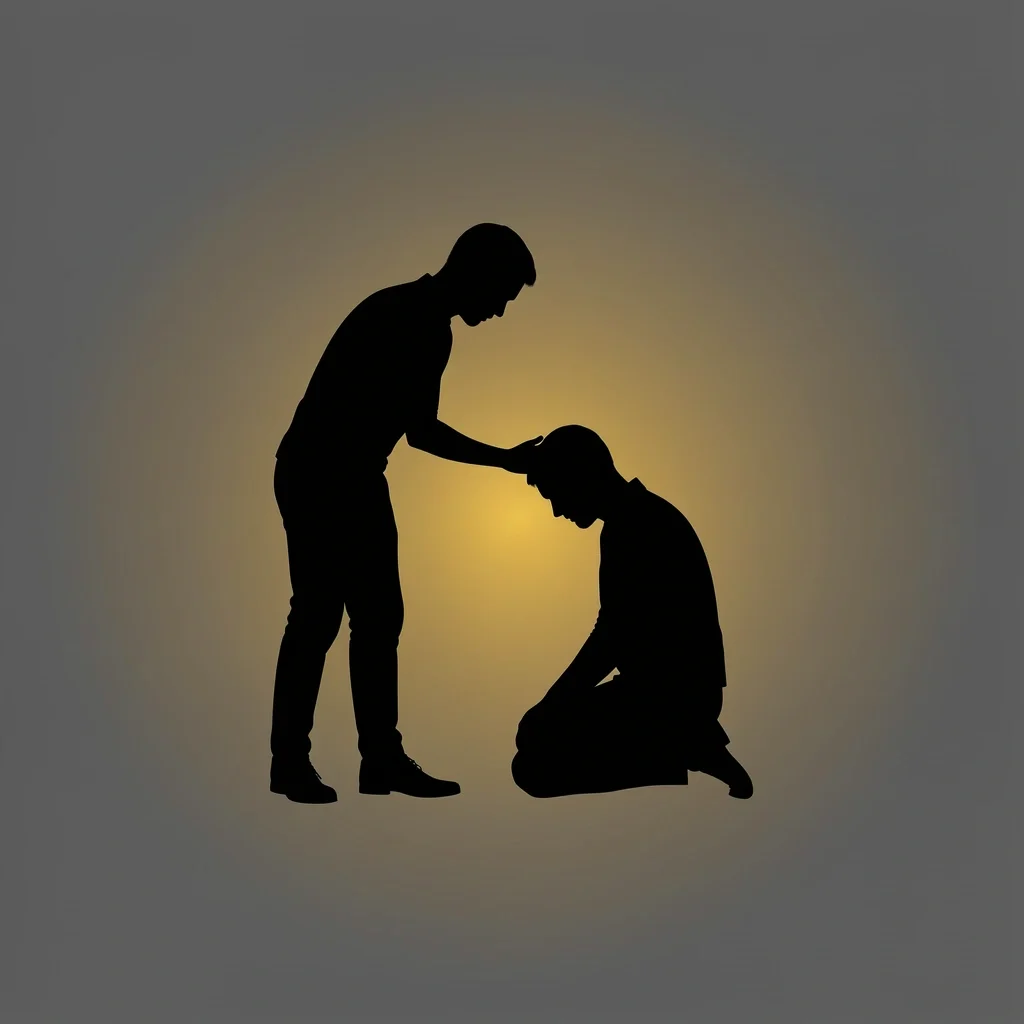 Servant Leadership Spiritual Support Silhouette of one man supporting another in prayer, symbolizing biblical servant leadership