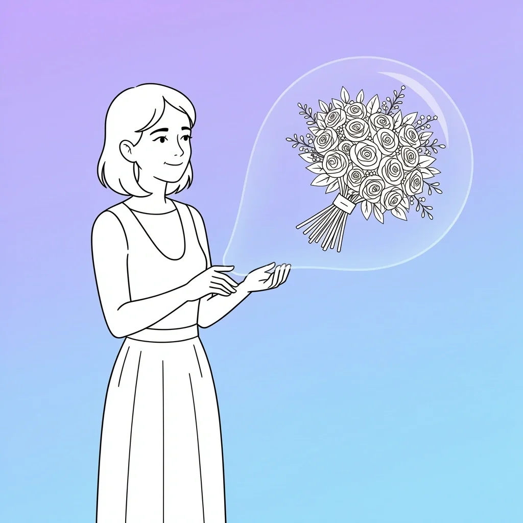Longing and Joy as a Single Maid of Honor Single woman holding her own hand with wedding bouquet in a nearby bubble symbolizing coexisting longing and joy