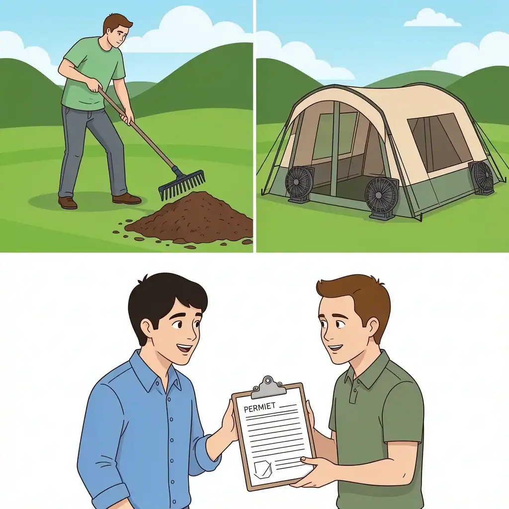 Critical Backyard Wedding Preparations Three illustrations showing site prep, weather backup tent with sidewalls, and a couple discussing with a neighbor and showing a permit