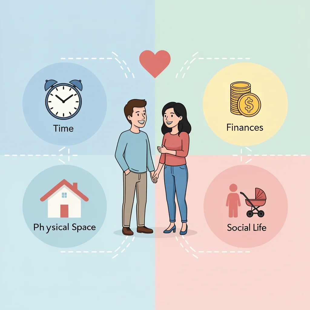 Six Key Domains for Marriage Boundaries Illustration of a couple surrounded by six icons representing domains where boundaries matter: time, emotions, finances, space, parenting, and social life.