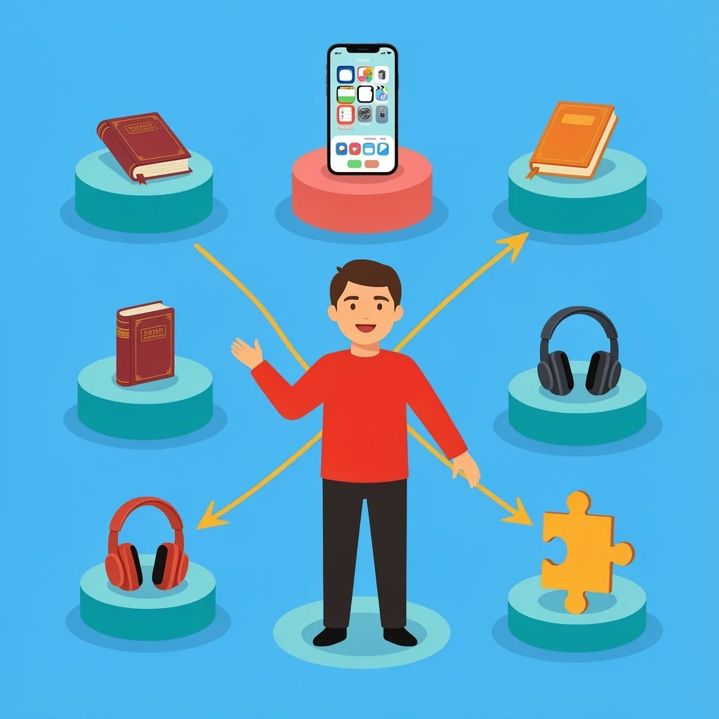 Choosing Devotional Format Options Character choosing between six different devotional formats on floating platforms