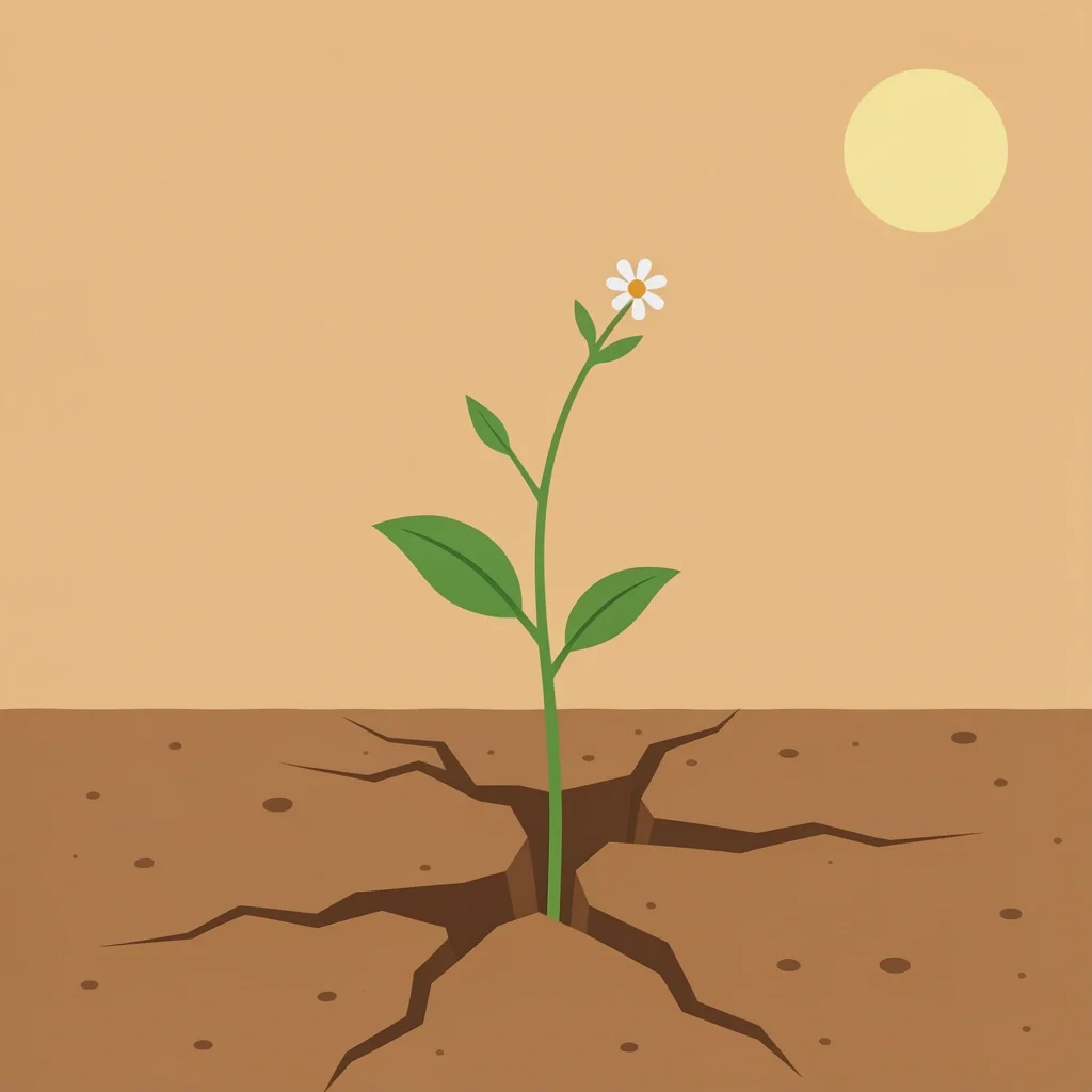 Hope in Small Changes A small plant growing through cracked soil with one bloom and a sun