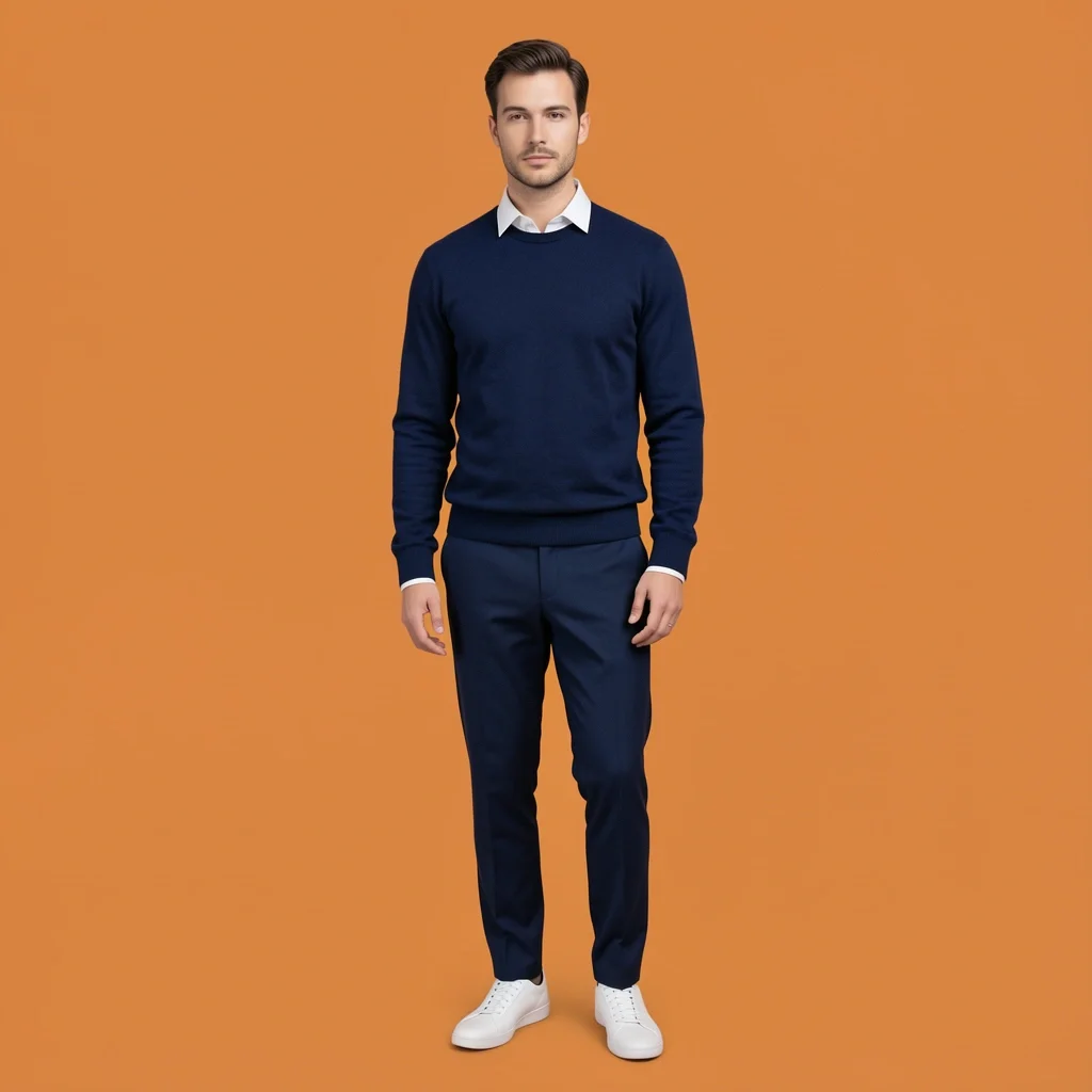 Smart Casual Courthouse Guest Button-down shirt with crewneck sweater and tailored trousers for dressy casual courthouse wedding