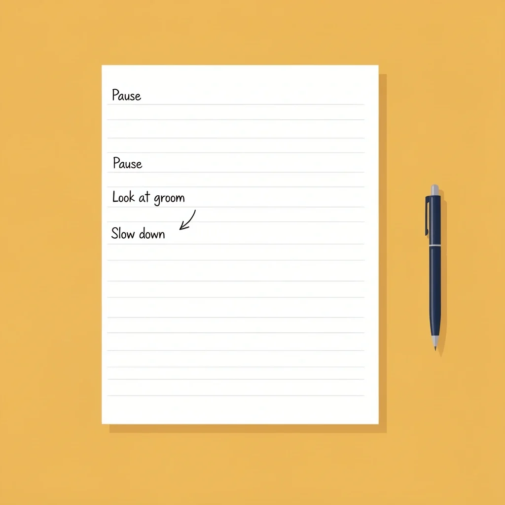Speech with Stage Directions Printed speech paper with handwritten margin notes saying Pause, Look at groom, Slow down