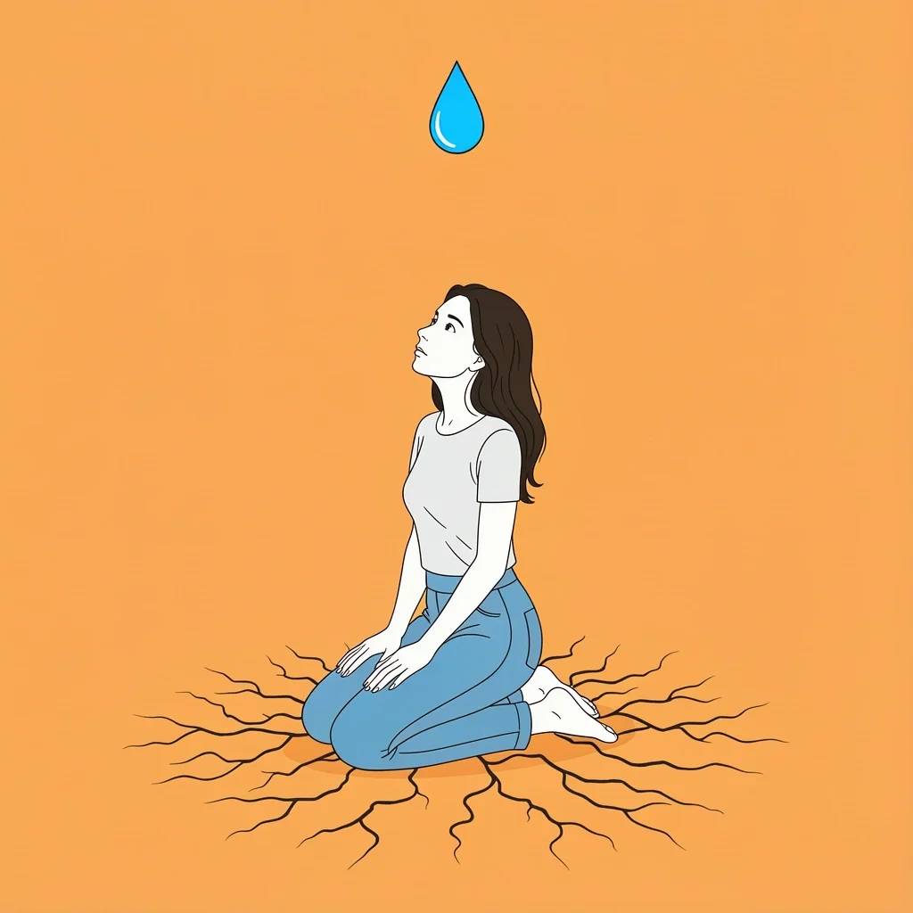 Spiritual Renewal for Maid of Honor Woman kneeling on dry ground with single water droplet falling symbolizing spiritual renewal while serving