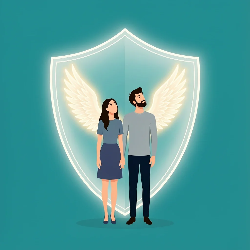 Marriage Spiritual Protection Illustration A couple standing under a glowing shield with angel wings, symbolizing divine protection