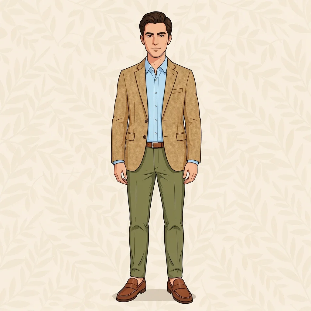 Sport Coat Chinos Courthouse Guest Tan sport coat and olive chinos with loafers for semi-formal courthouse wedding guest