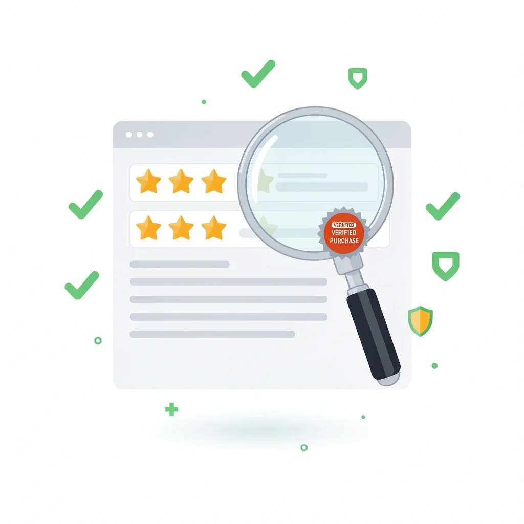 How to Spot Genuine Etsy Favorites A magnifying glass over a digital review section with stars and a verified purchase badge