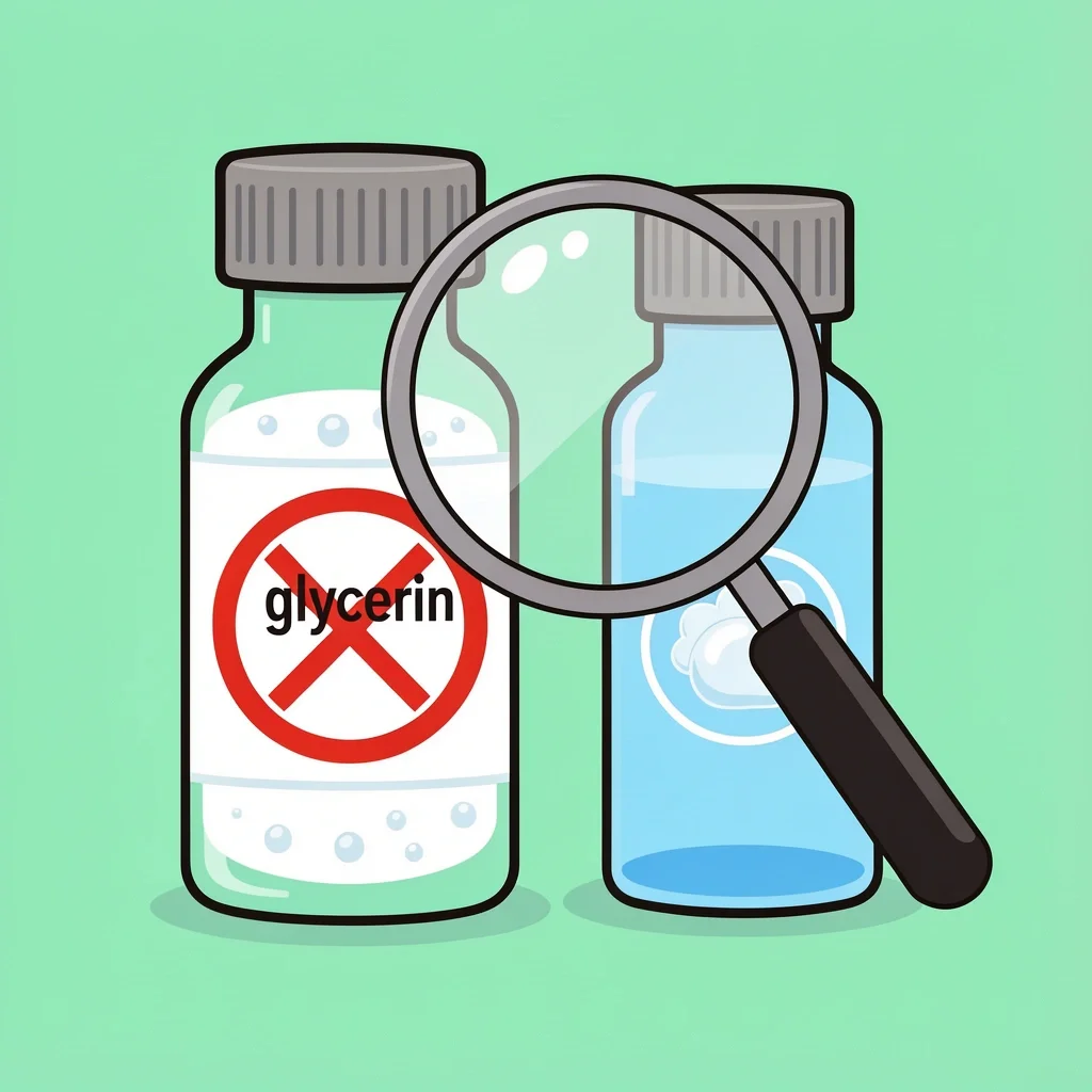 Reading Bubble Label for Stain-Free Safety Magnifying glass inspecting bubble bottle label for glycerin and other humectants to avoid stains