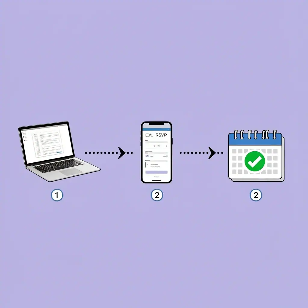 Online Invitation Workflow A step-by-step illustration showing a laptop, a phone with RSVP, and a calendar with a checkmark, connected by arrows and numbered circles, explaining the process of creating and sending digital invitations