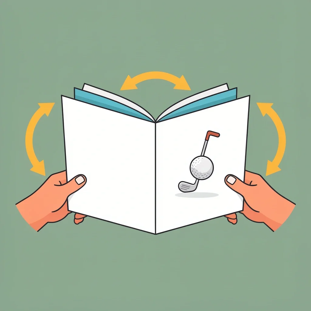 Story Transmutation Technique Person holding a plain paper transforming into a colorful storybook with golf club icon