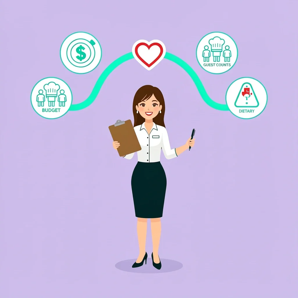Stress-Free Wedding Menu Execution Tips Wedding coordinator surrounded by icons representing budget, guest counts, tasting, and dietary management, connected to a heart
