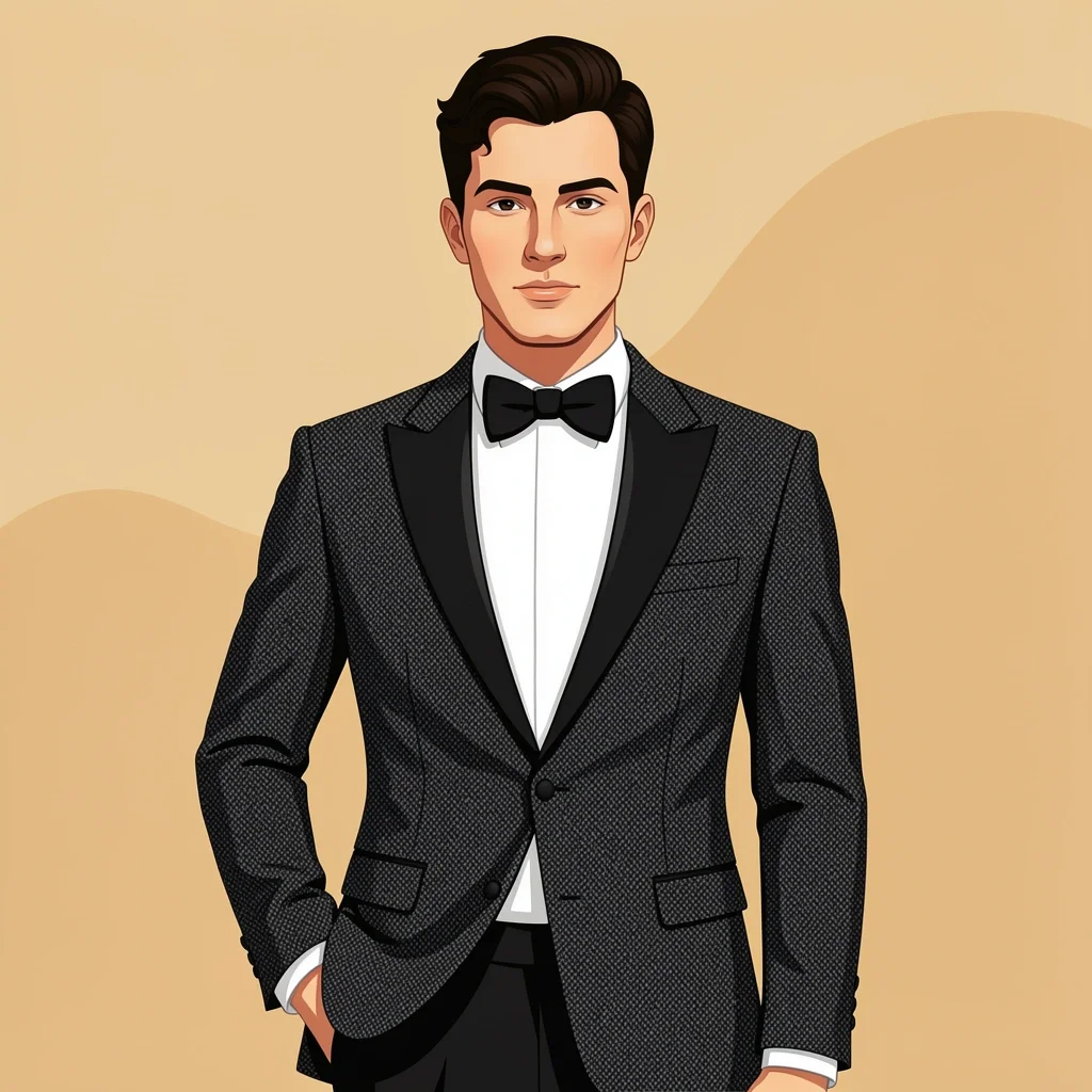 Styling a Fashion Tuxedo – Minimal Approach Groom in textured charcoal tuxedo jacket with white shirt and black bow tie, minimal accessories, stylish fit