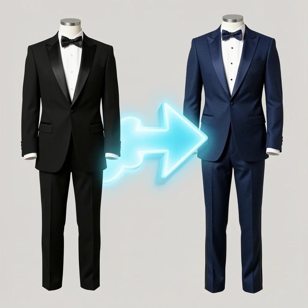 Stylish vs Standard Tuxedo Comparison Comparison of a standard black tuxedo and a stylish textured midnight blue tuxedo with arrows highlighting differences