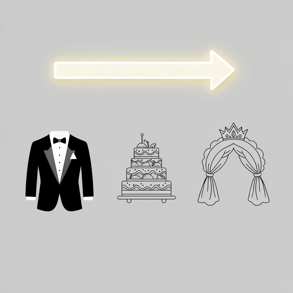 T-Item Budget Priority Scale 2D illustration of a priority scale for T-themed wedding items, showing tuxedo and tent as high priority, cake and tacos as medium, tiara and tulle as low
