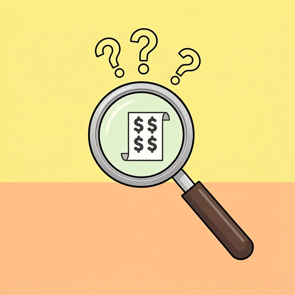 Hidden Costs and Questions Magnifying glass examining a document with dollar signs and question marks representing hidden costs