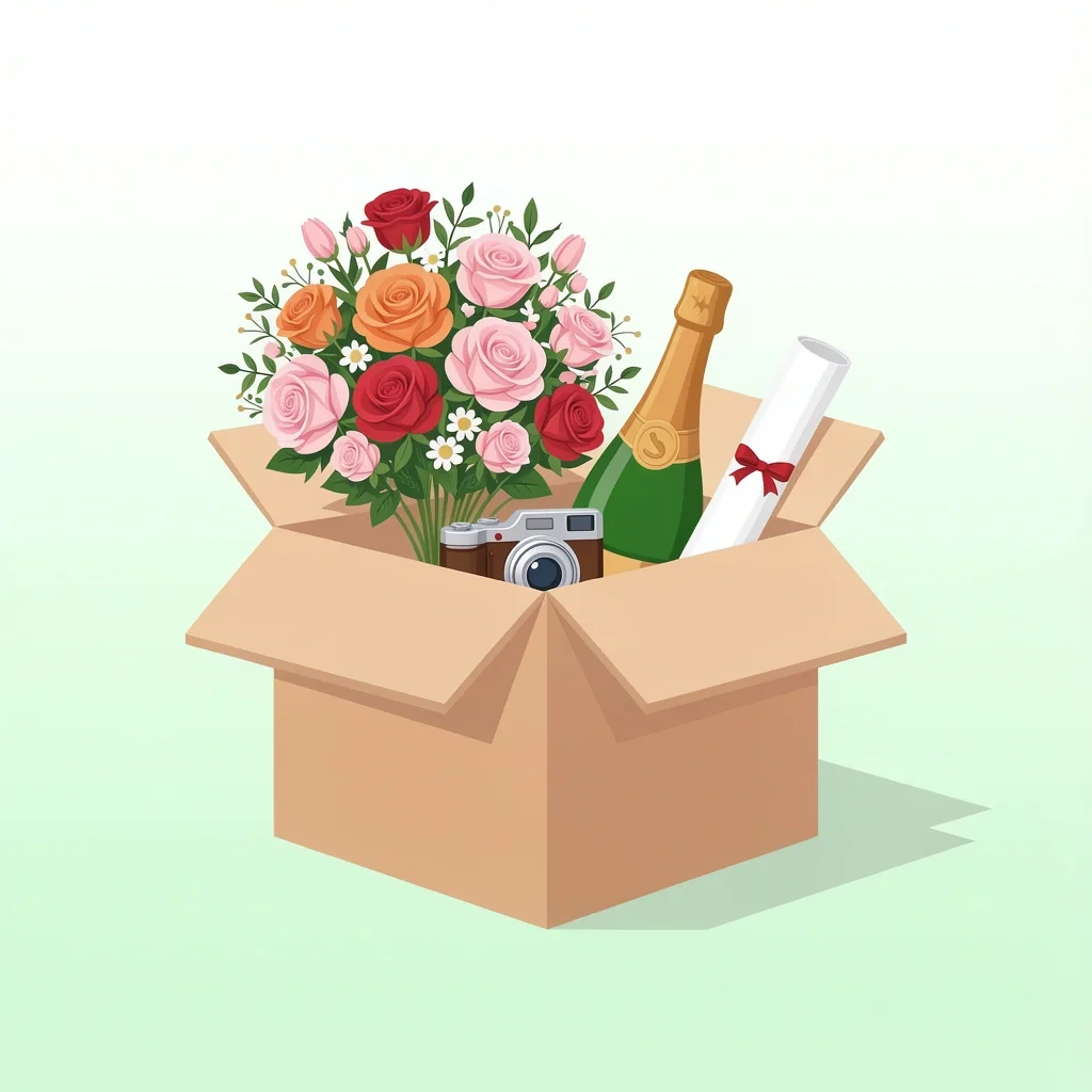 Elopement Package Inclusions Gift box with bouquet, camera, champagne, and marriage certificate for Texas elopement package