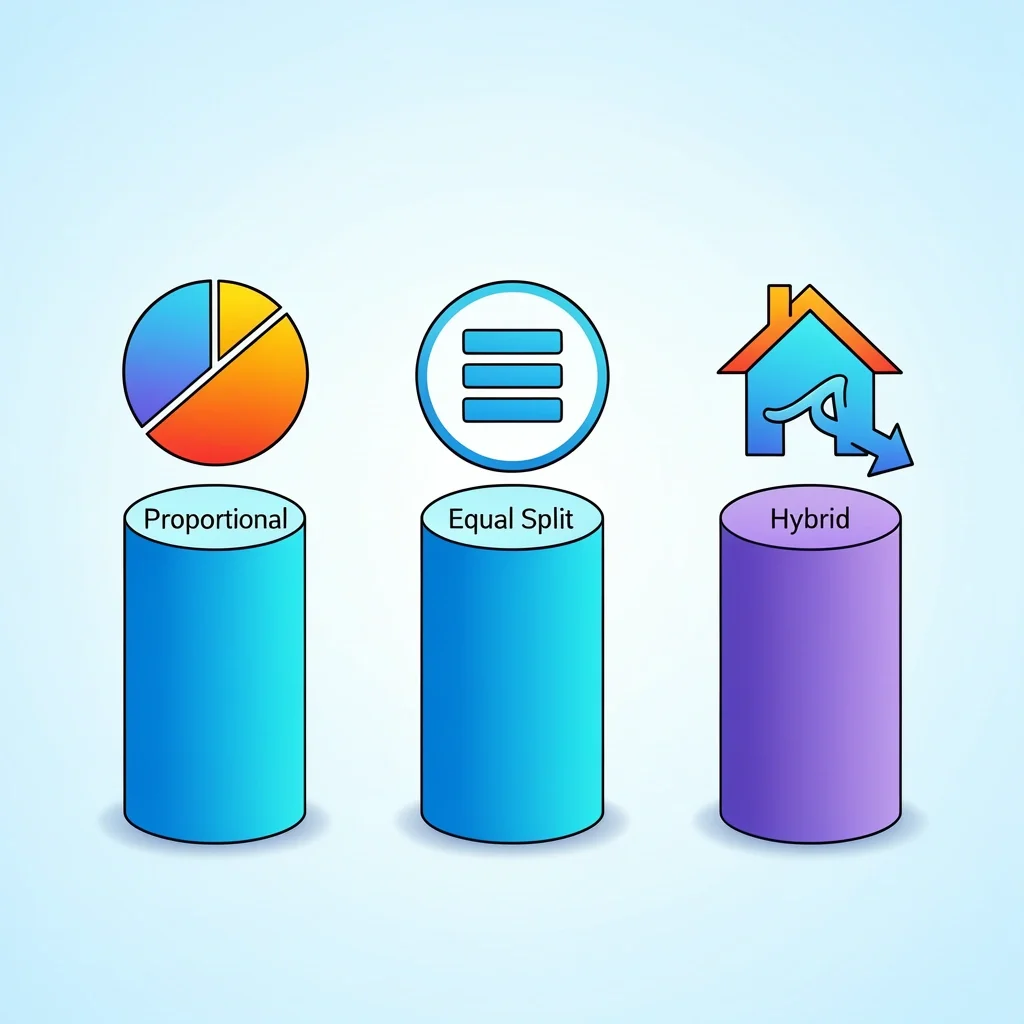 Three Expense Sharing Foundations Three pillars representing proportional, equal, and hybrid expense sharing methods with icons