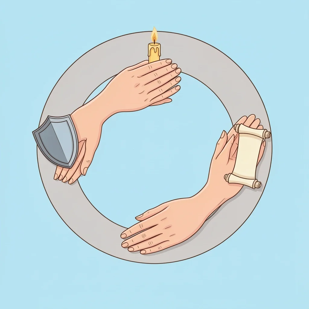 Three Aspects of Marriage Prayer Three hands holding a shield, a candle, and a scroll symbolizing request, intercession, and declaration