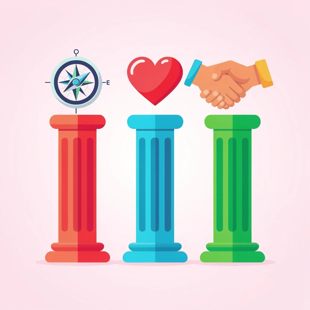 Three Pillars of Marriage Foundation Three pillars with compass, heart, and handshake symbols representing alignment, connection, and cooperation