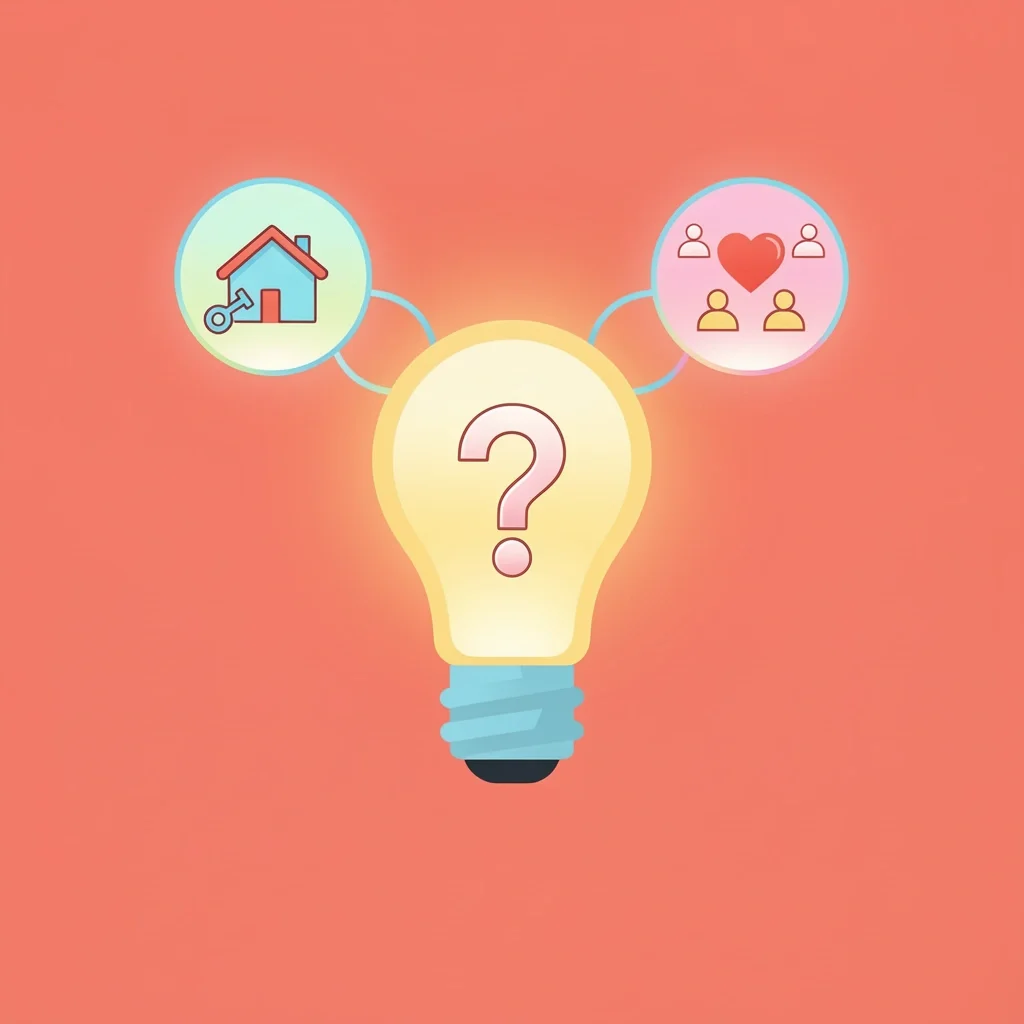 Vector illustration of a light bulb with a question mark surrounded by icons for life stage, love language, and relationship tier
