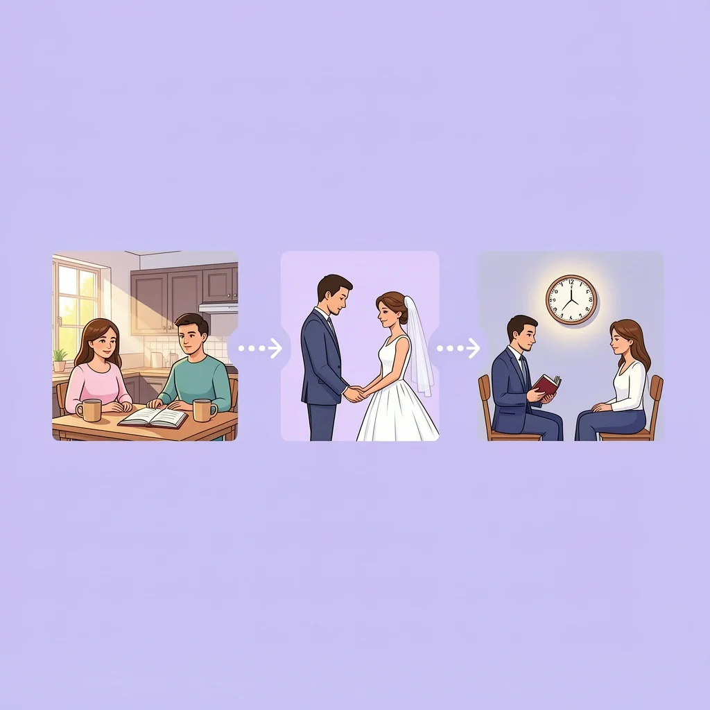 Best Times for Wedding Day Devotional Three visual scenarios showing optimal times for a wedding day devotional: morning, before first look, and before ceremony
