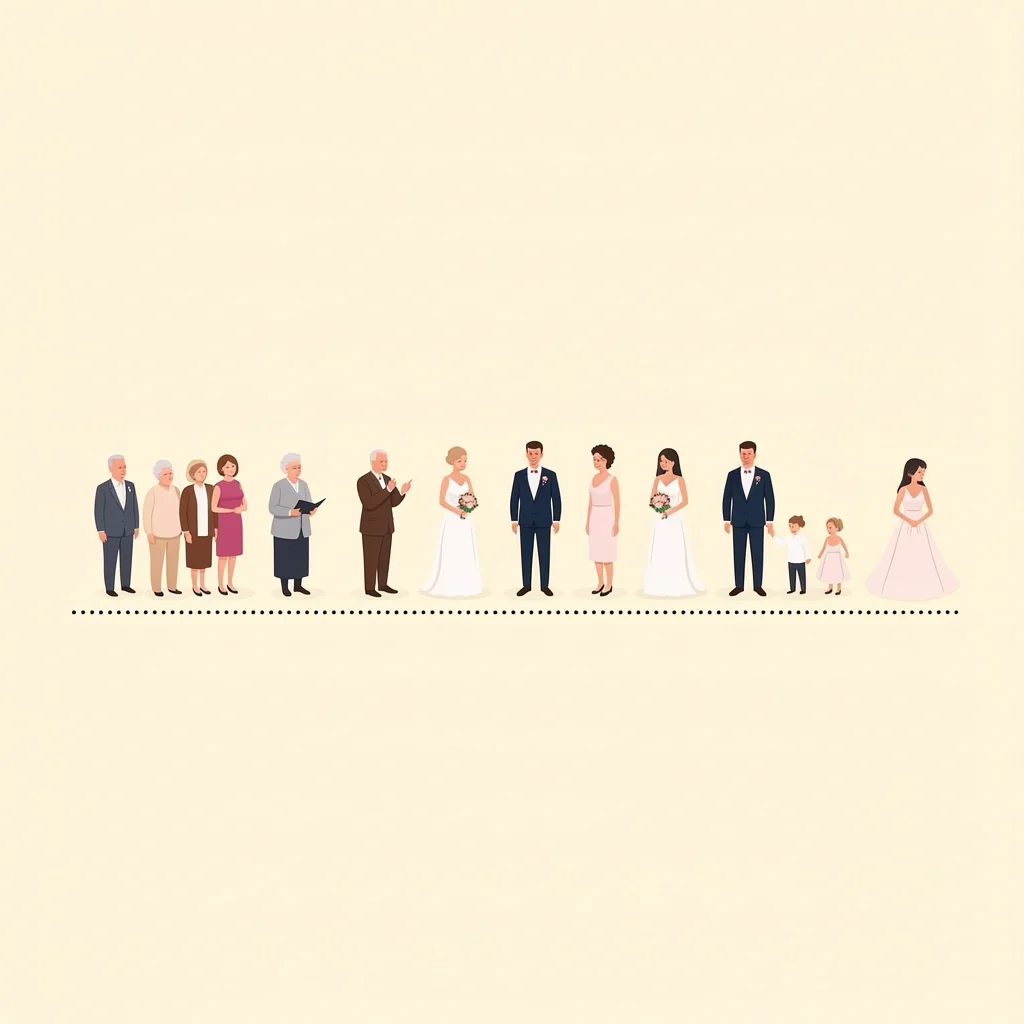 Traditional Processional Order Diagram Top-down view of wedding aisle with sequential figures and dotted line showing traditional processional order