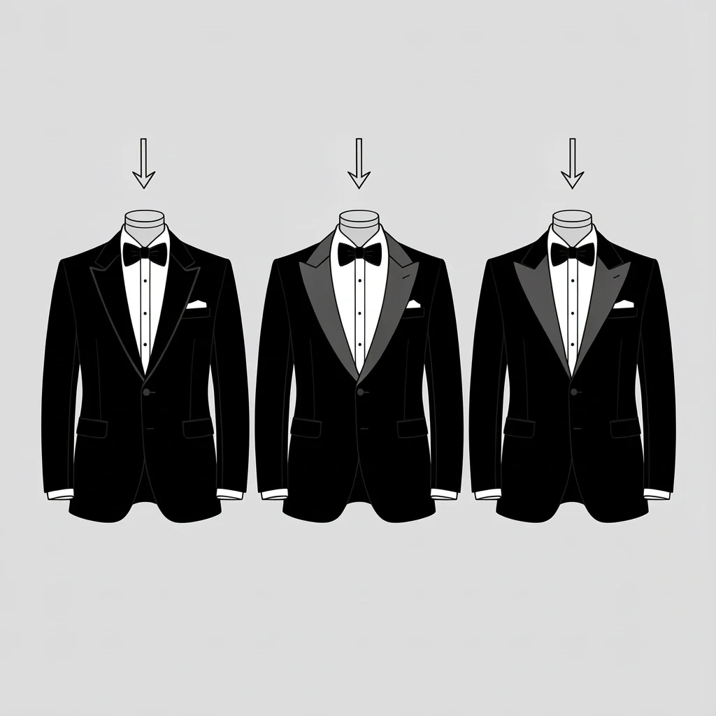 Tuxedo Lapel Styles – Peak, Shawl, Notch Three tuxedo torsos showing peak lapel, shawl collar, and notch lapel with arrows highlighting each style