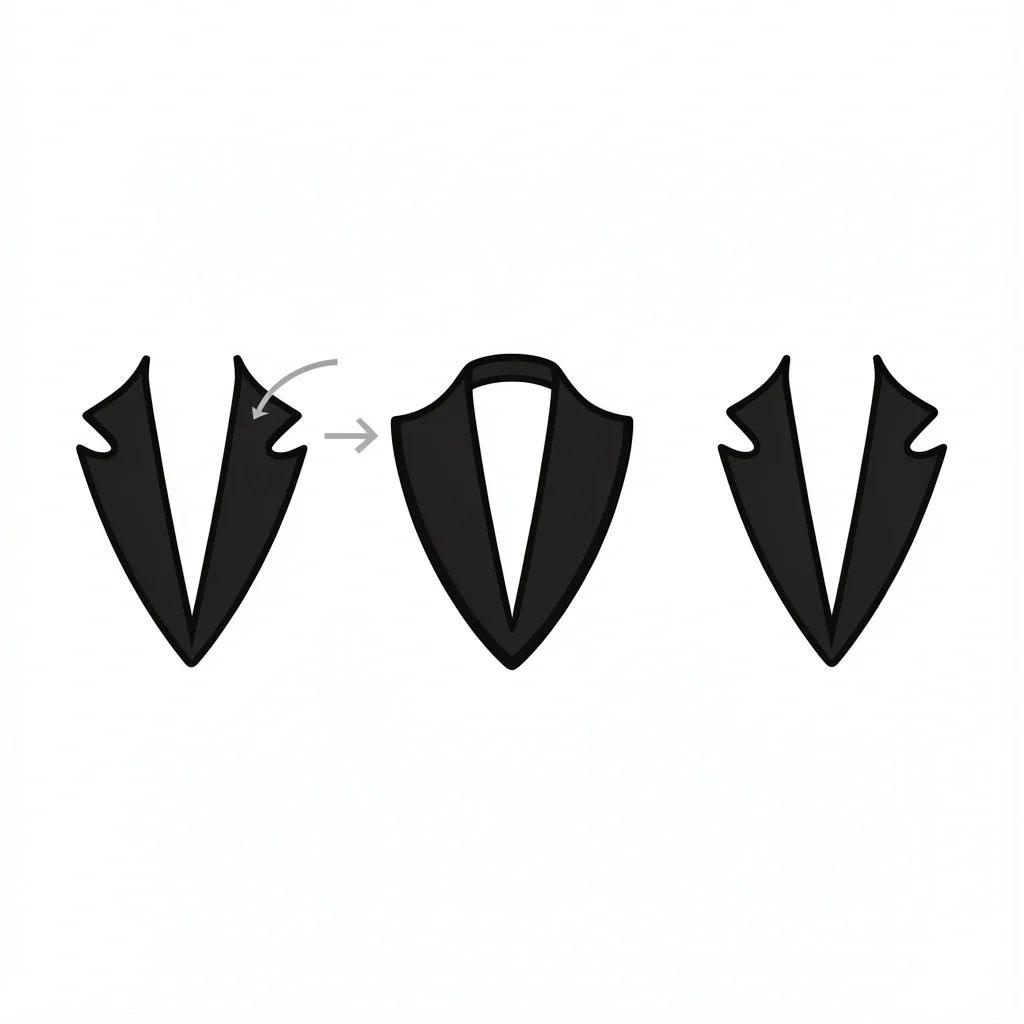 Tuxedo Lapel Styles Illustration of three tuxedo lapel styles: peak, shawl, and notch, with an arrow highlighting peak lapels.