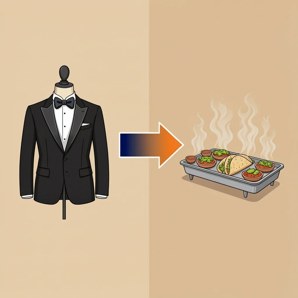 Tuxedo vs Taco Bar Tone 2D illustration contrasting a formal tuxedo on the left with a casual taco bar on the right, connected by a gradient arrow