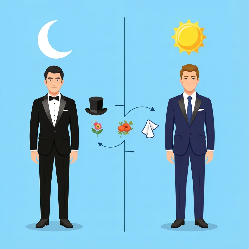 Decision matrix comparing tuxedo and suit for groomsmen based on wedding time and formality